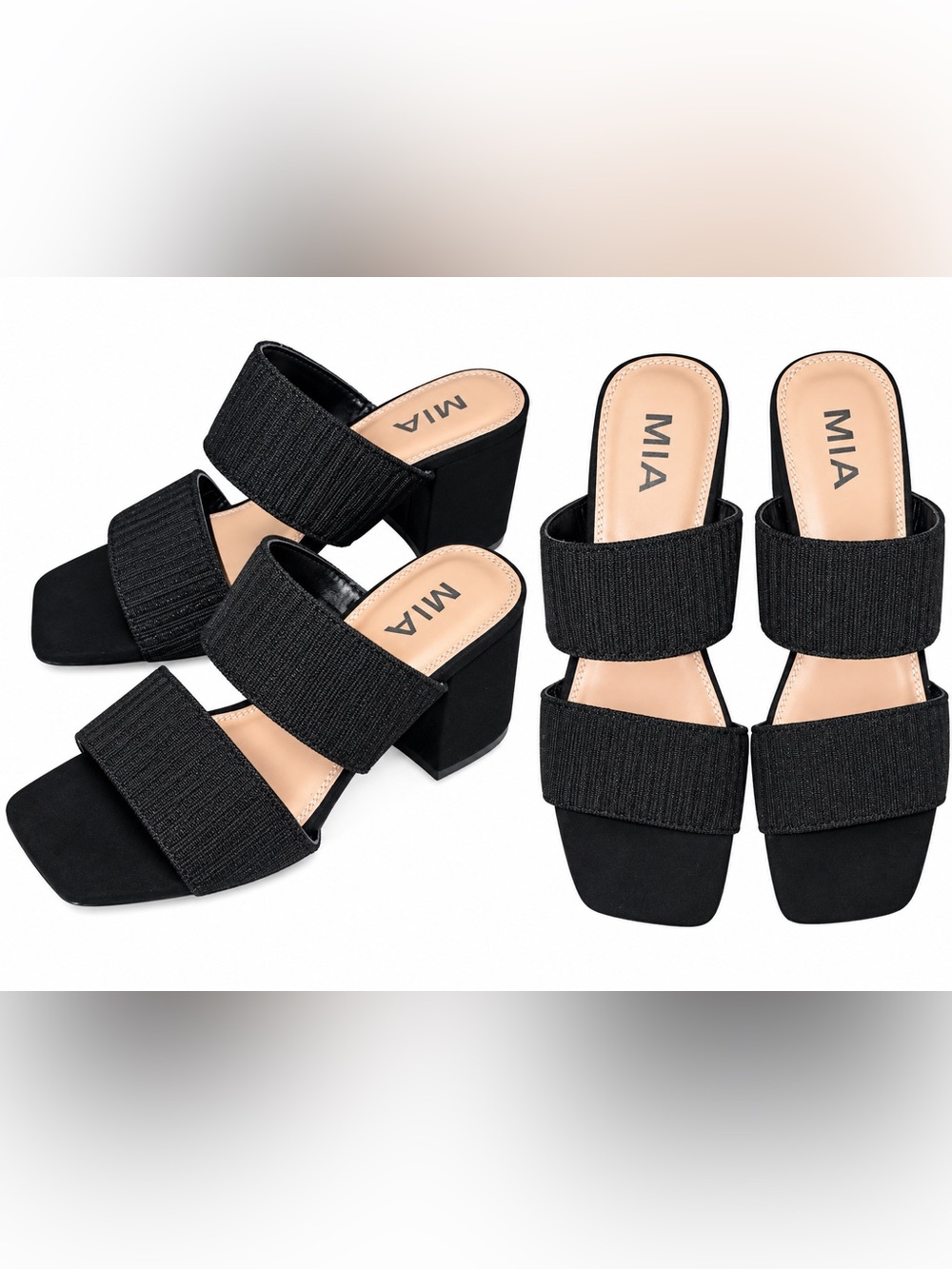 MIA Black Knit Stretch Double-Strap Square Toe Block Heel Mule Sandal